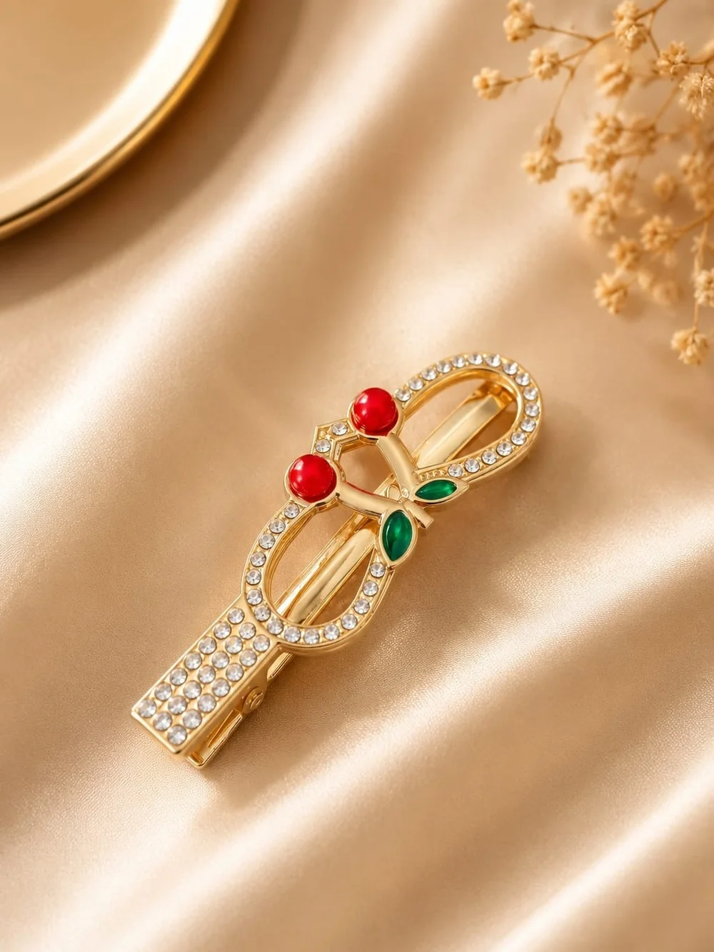 Set of 4 Gold Tone Alloy Cherry Hair Clips with Rhinestone Accents